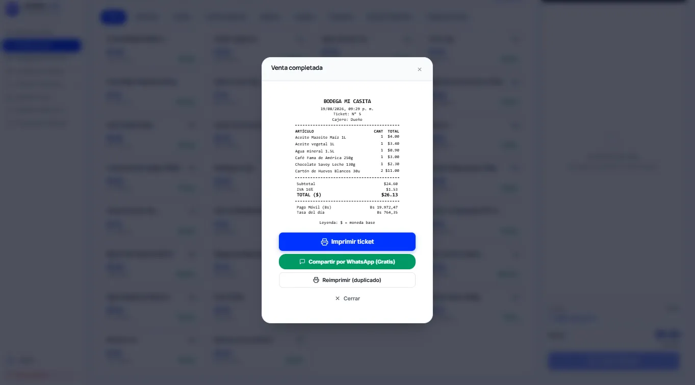 Ticket de venta de HanaVen con envío por WhatsApp